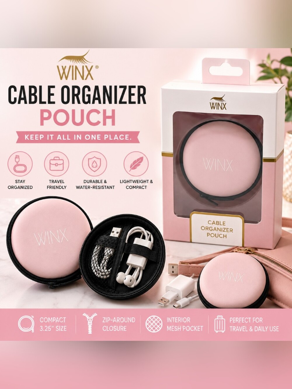 WINX Cable Organizer Pouch Light Pink Travel Tech Accessory Storage Case NIB
